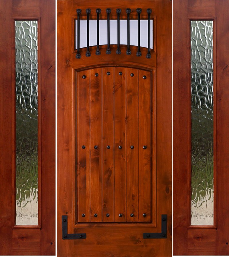 sw64 knotty alder wood door with two flemish sidelites